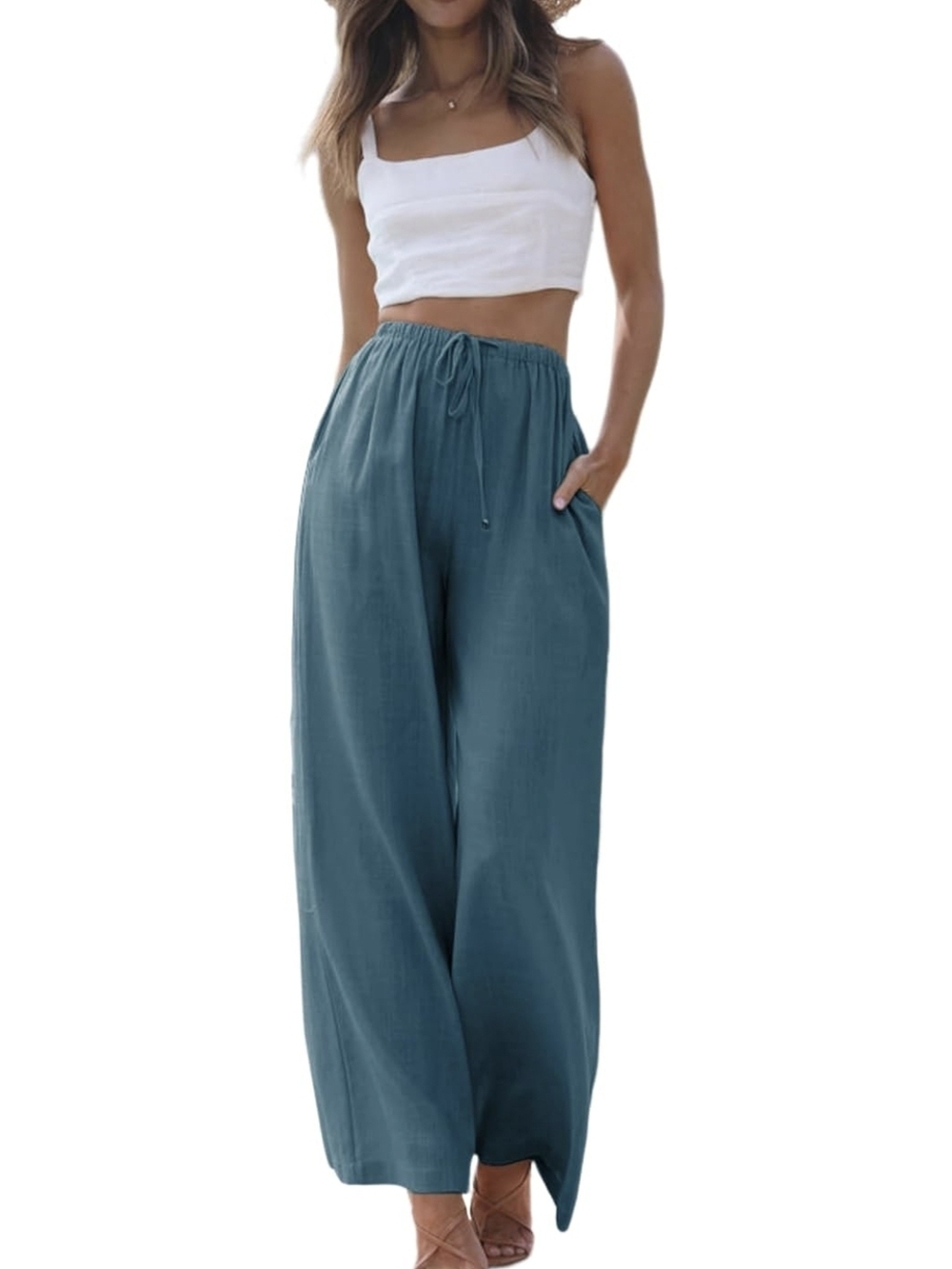 Women's Wide Leg Drawstring Pants - Teal Blue